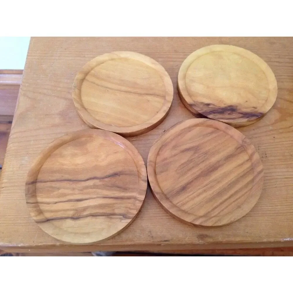 Set of 4 Natural Finish Wooden Coasters w Solid Hardwood Housing Holder